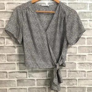 Lush Women's Animal Print Abstract Wrap Short Sleeve Cropped Blouse Size M